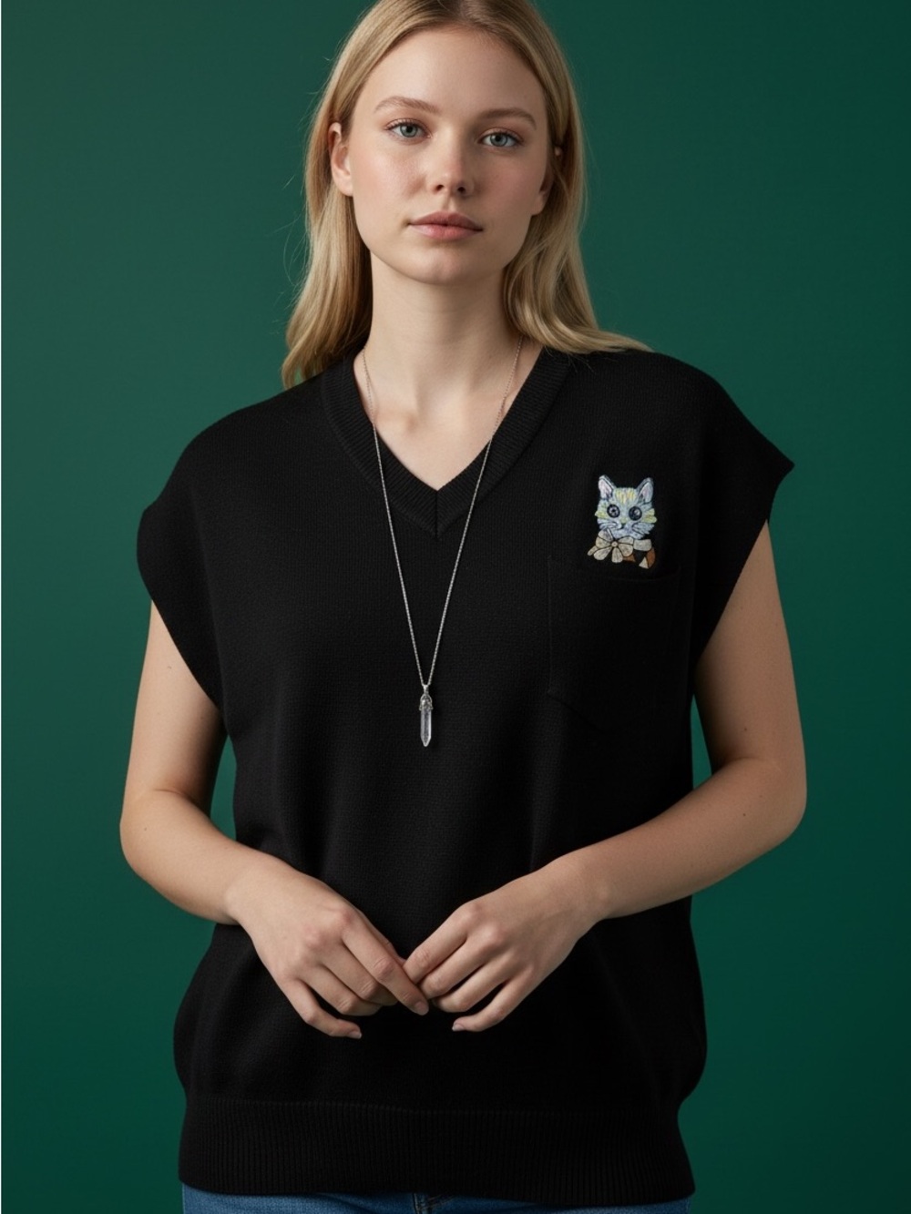 Black Cat Embroidered Pet-Themed Sweater Vest/top